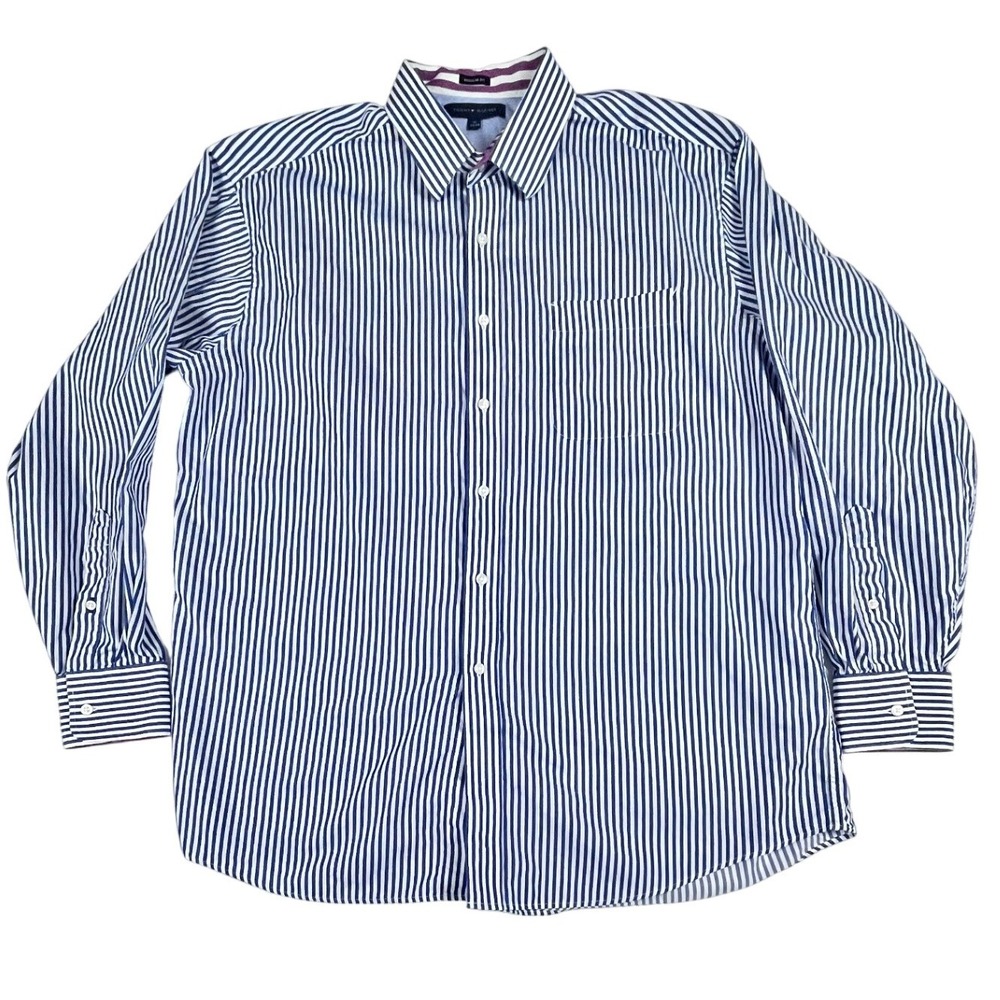 Tommy Hilfiger Mens Regular Fit Striped Button Down Shirt Blue White 17 34-35